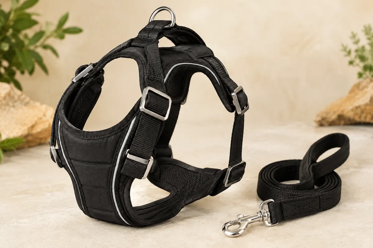 Harnais Kurgo noir en nylon avec poitrail doublé et longe à mousqueton, posé sur un fond sable clair.