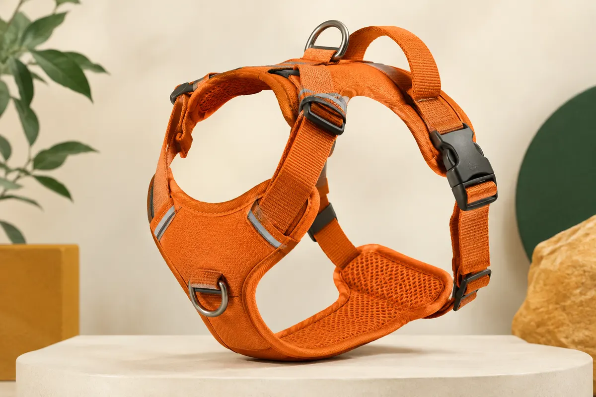 Harnais pour chien Kurgo Journey Air orange avec poitrine rembourrée, poignée arrière et deux anneaux d’attache.