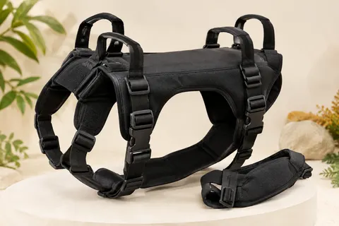 Harnais de levage noir avec poignées et soutien arrière amovible, posé sur un fond sable clair.