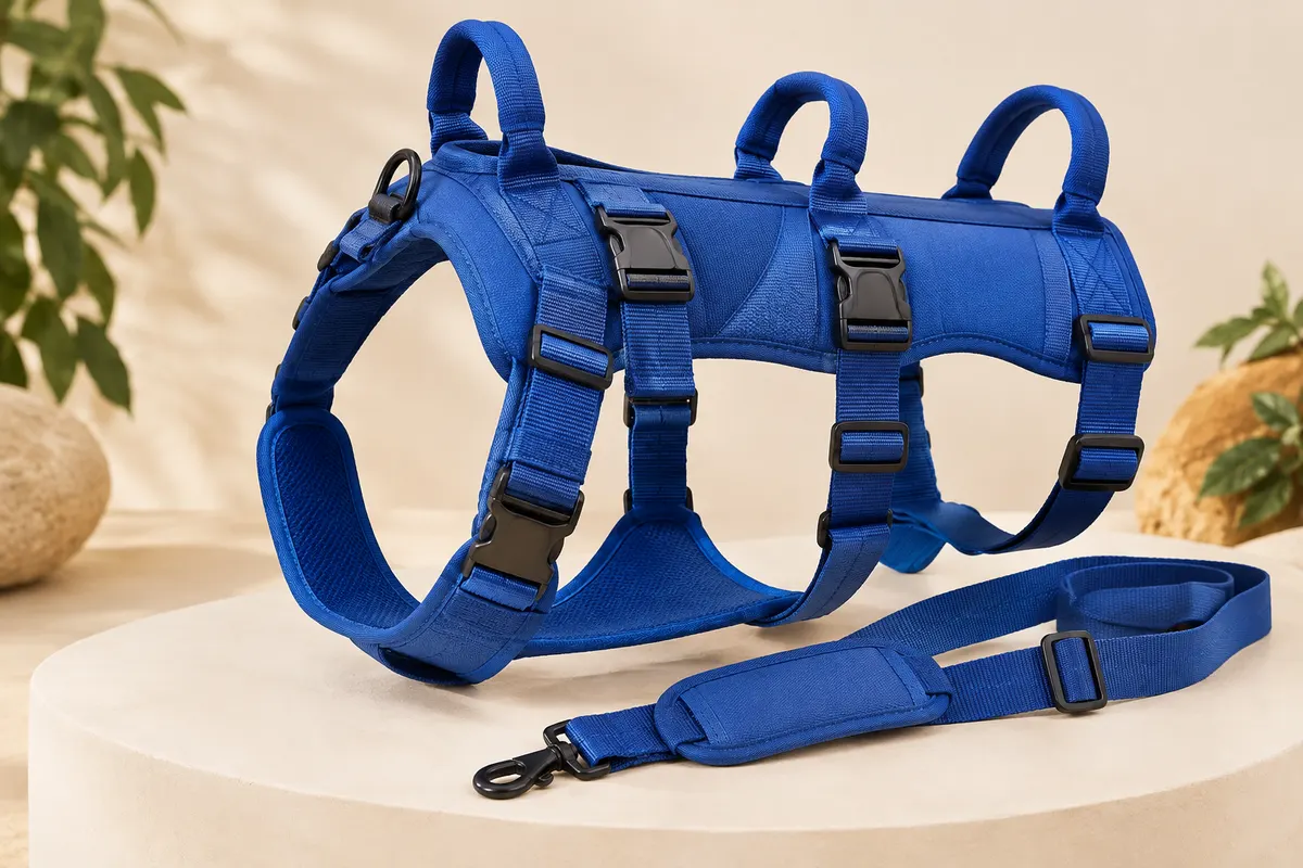 Harnais de levage bleu pour grand chien avec trois poignées arrière, boucle et bandoulière