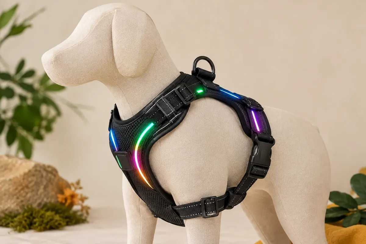 Harnais noir pour chien en maille, avec sangles réglables, boucles rapides et éclairage LED multicolore