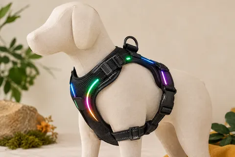 Harnais noir pour chien en maille, avec sangles réglables, boucles rapides et éclairage LED multicolore