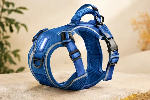 Harnais bleu pour chien avec éclairage LED, bandes réfléchissantes, sangles réglables et poignée dorsale