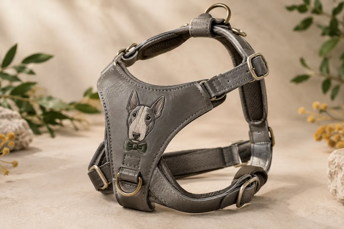 Harnais gris pour chien en cuir véritable, avec boucles réglables et zones rembourrées