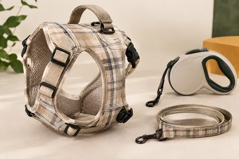 Harnais veste NESTROAD beige à motif plaid avec boucles, sangles réglables, laisse et ceinture rétractable