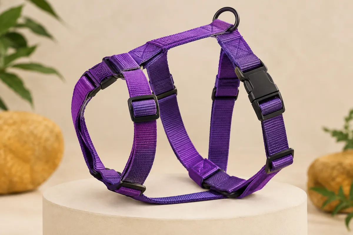 Harnais classique pour chien en nylon violet, avec sangles réglables et fermeture à clip, présenté sur fond clair.