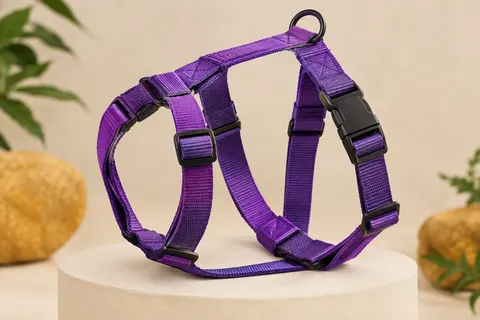 Harnais classique pour chien en nylon violet, avec sangles réglables et fermeture à clip, présenté sur fond clair.