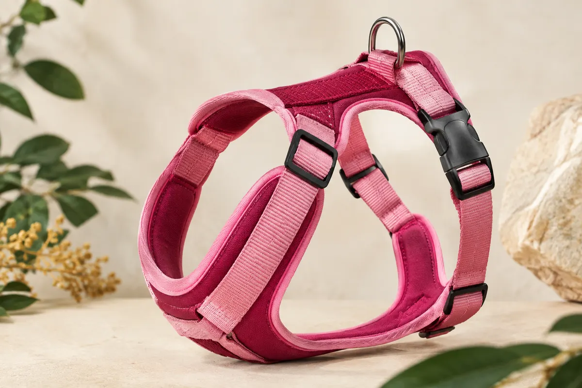 Harnais norvégien Nobby Preno framboise et rose en nylon et néoprène sur fond sable clair