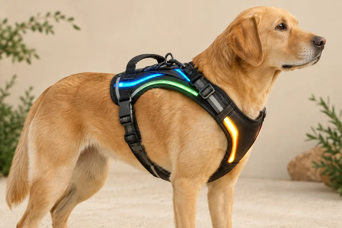 Harnais gilet lumineux Noxgear pour chien avec fibres optiques multicolores et bandes réfléchissantes.