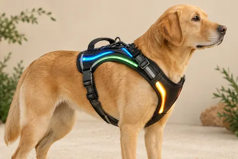 Harnais gilet lumineux Noxgear pour chien avec fibres optiques multicolores et bandes réfléchissantes.