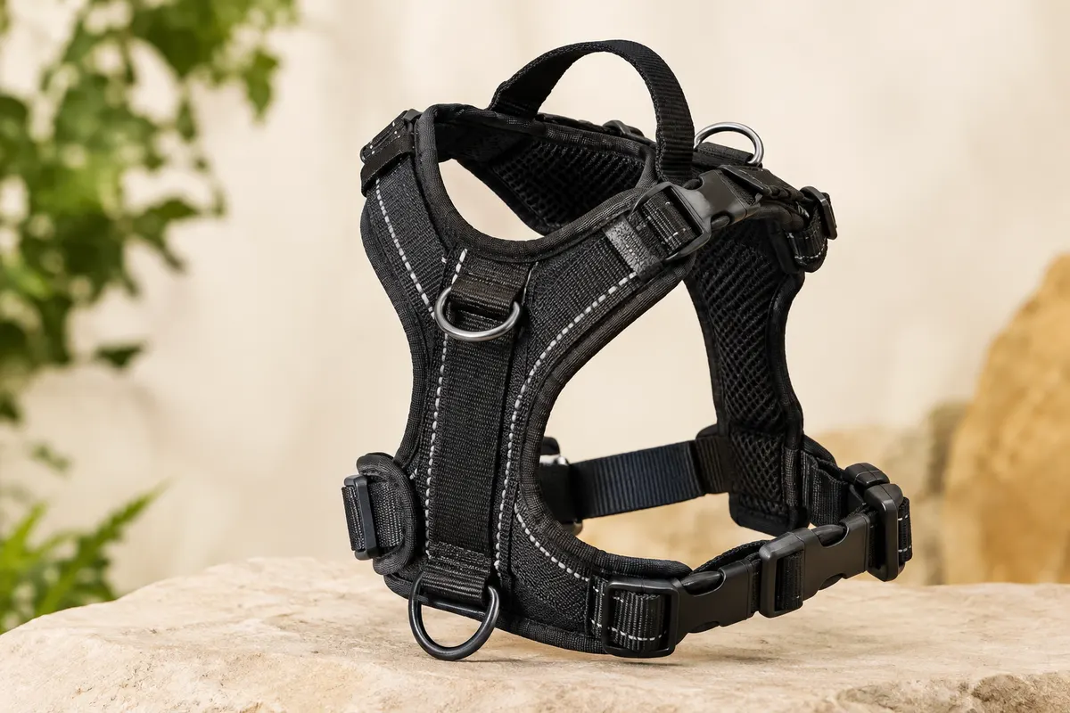Harnais noir pour chien avec rembourrage, sangles réglables, boucles rapides et fils réfléchissants sur la poitrine.