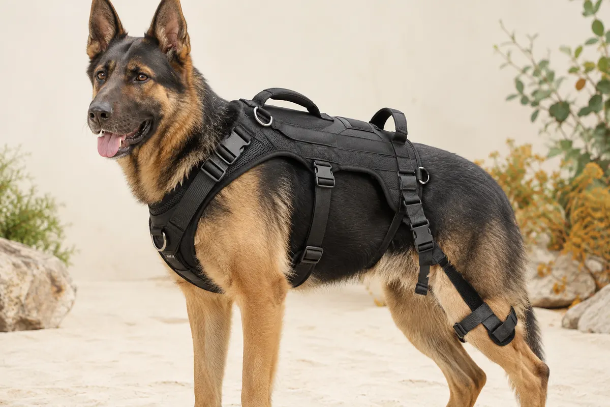 Harnais de soutien noir OneTigris pour grand chien, avec poignées, boucles et sangles arrière réglables.