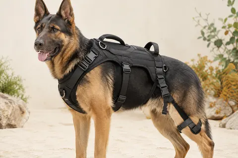 Harnais de soutien noir OneTigris pour grand chien, avec poignées, boucles et sangles arrière réglables.