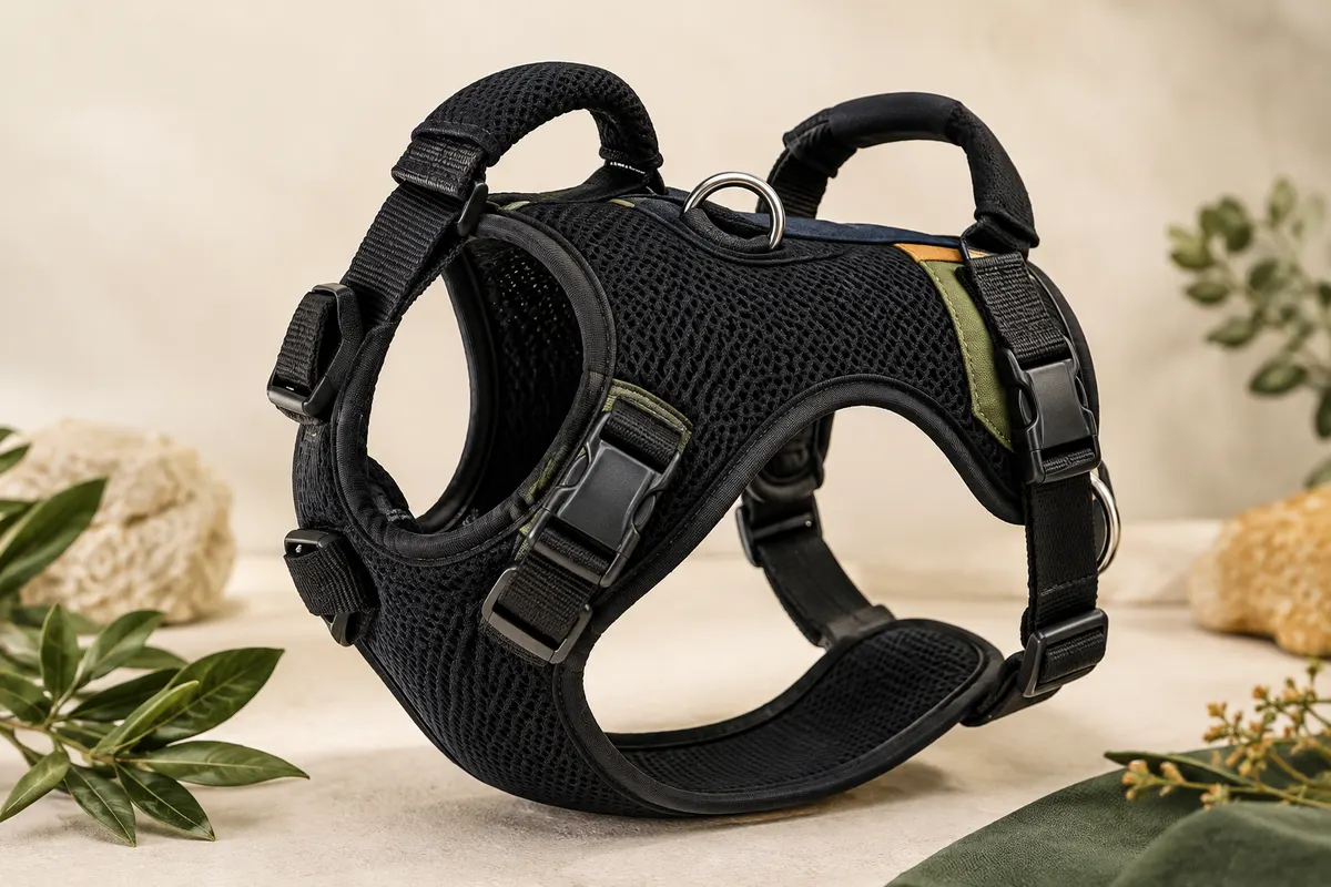 Harnais veste noir OneTigris en maille respirante avec boucles réglables, anneaux métalliques et deux poignées