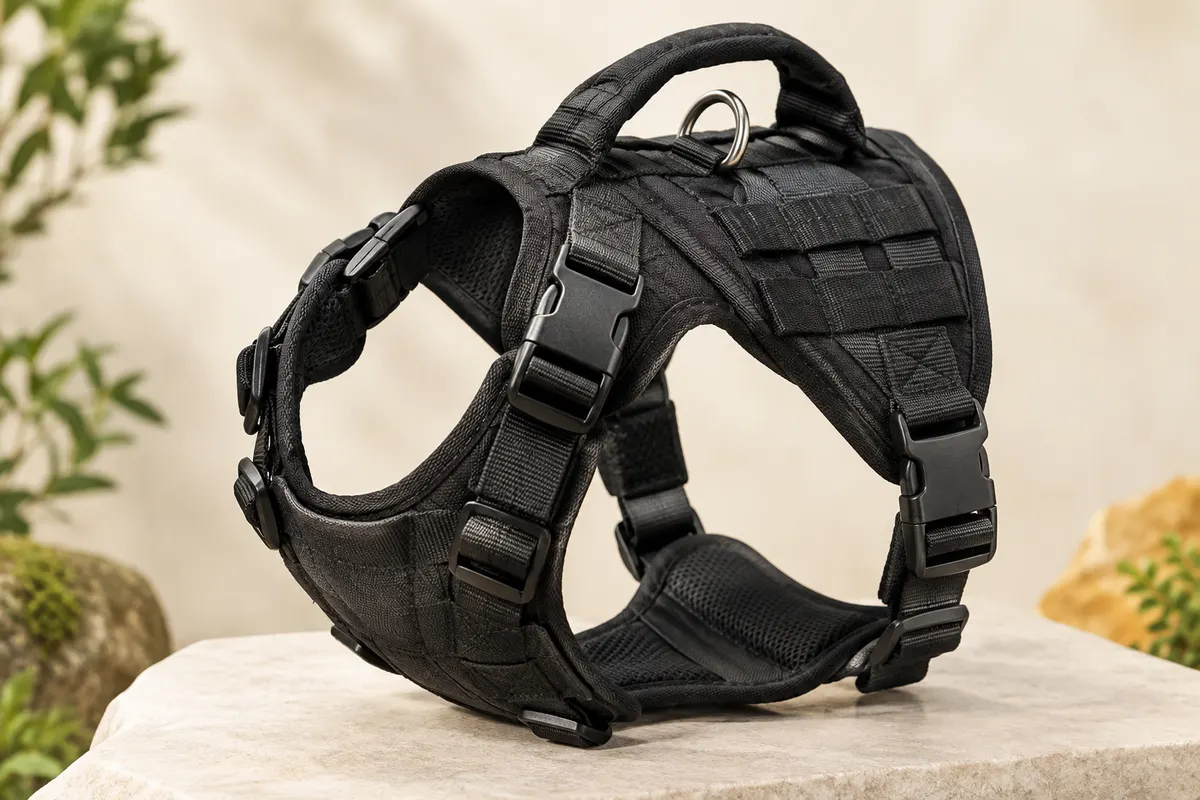 Harnais veste noir pour chien avec poignée supérieure, boucles rapides et passants Molle latéraux.