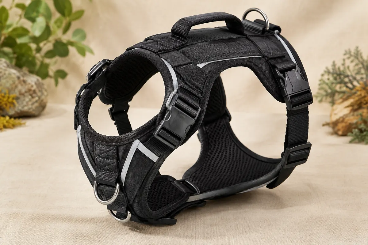 Harnais tactique noir pour grand chien, avec doublure en maille, boucles latérales et anneaux en D