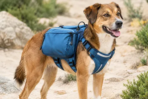 Chien portant un harnais bleu réglable avec sac à dos amovible, maille respirante et anneau en D.