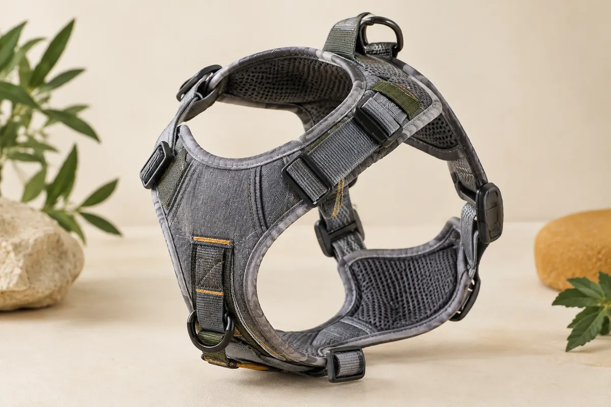Harnais intégral Ownpets gris en denim avec maille, rembourrage, sangles réglables et boucles