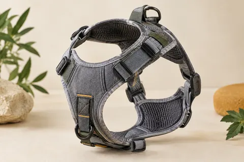 Harnais intégral Ownpets gris en denim avec maille, rembourrage, sangles réglables et boucles