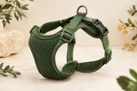 Harnais pour chien vert en maille respirante, avec boucle clip réglable et anneau métallique, sur fond sable clair.