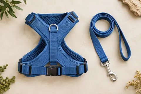 Harnais veste Pawaboo bleu en forme de X avec sangles réglables, anneau dorsal et laisse en nylon