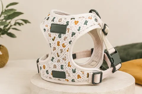 Harnais PawPawify en maille blanche à motif de lettres, avec boucle, sangles réglables et deux patchs.