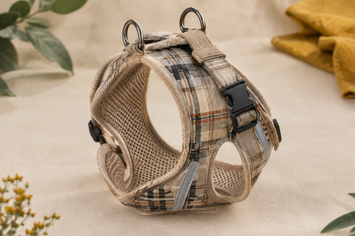 Harnais pour chiot beige à carreaux avec doublure en mesh, boucle et bandes réfléchissantes