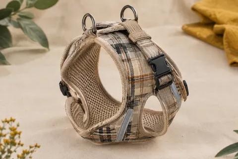 Harnais pour chiot beige à carreaux avec doublure en mesh, boucle et bandes réfléchissantes