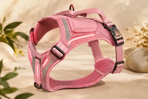 Harnais pour chien rose en maille avec LED, boucle, sangles réglables et bandes réfléchissantes