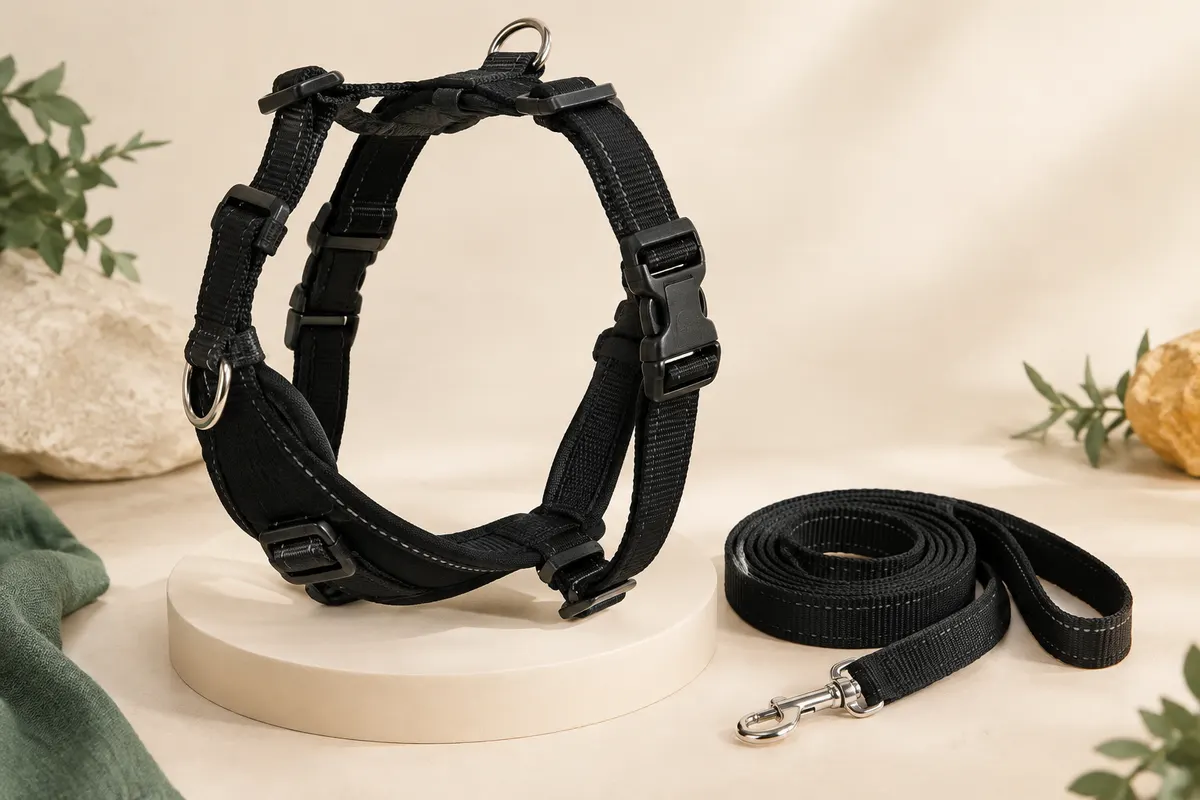 Harnais PetSafe Easy Walk noir avec réglages, boucles à clip et laisse en nylon disposée à côté