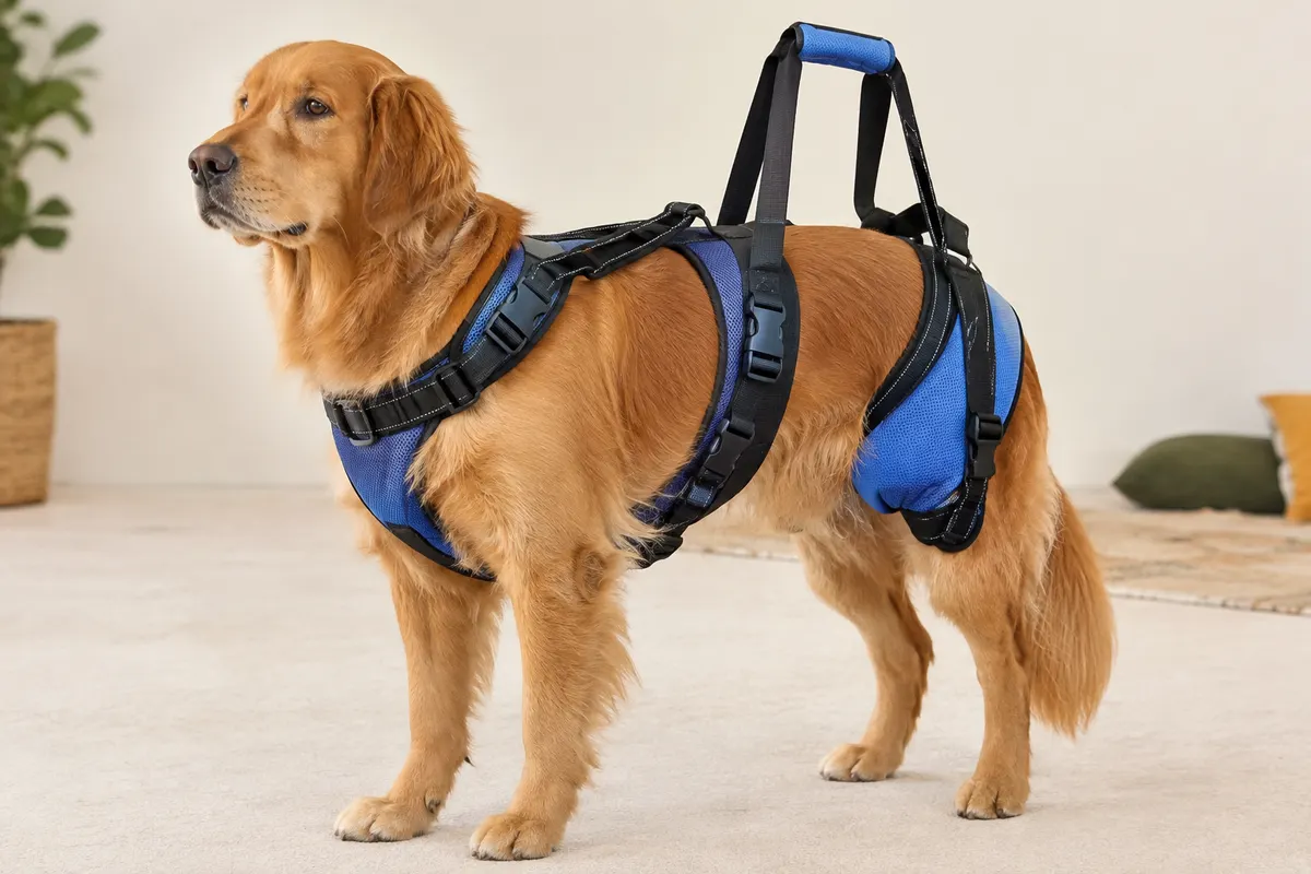 Harnais de levage arrière PetSafe bleu et noir porté par un grand chien, avec poignées et sangle