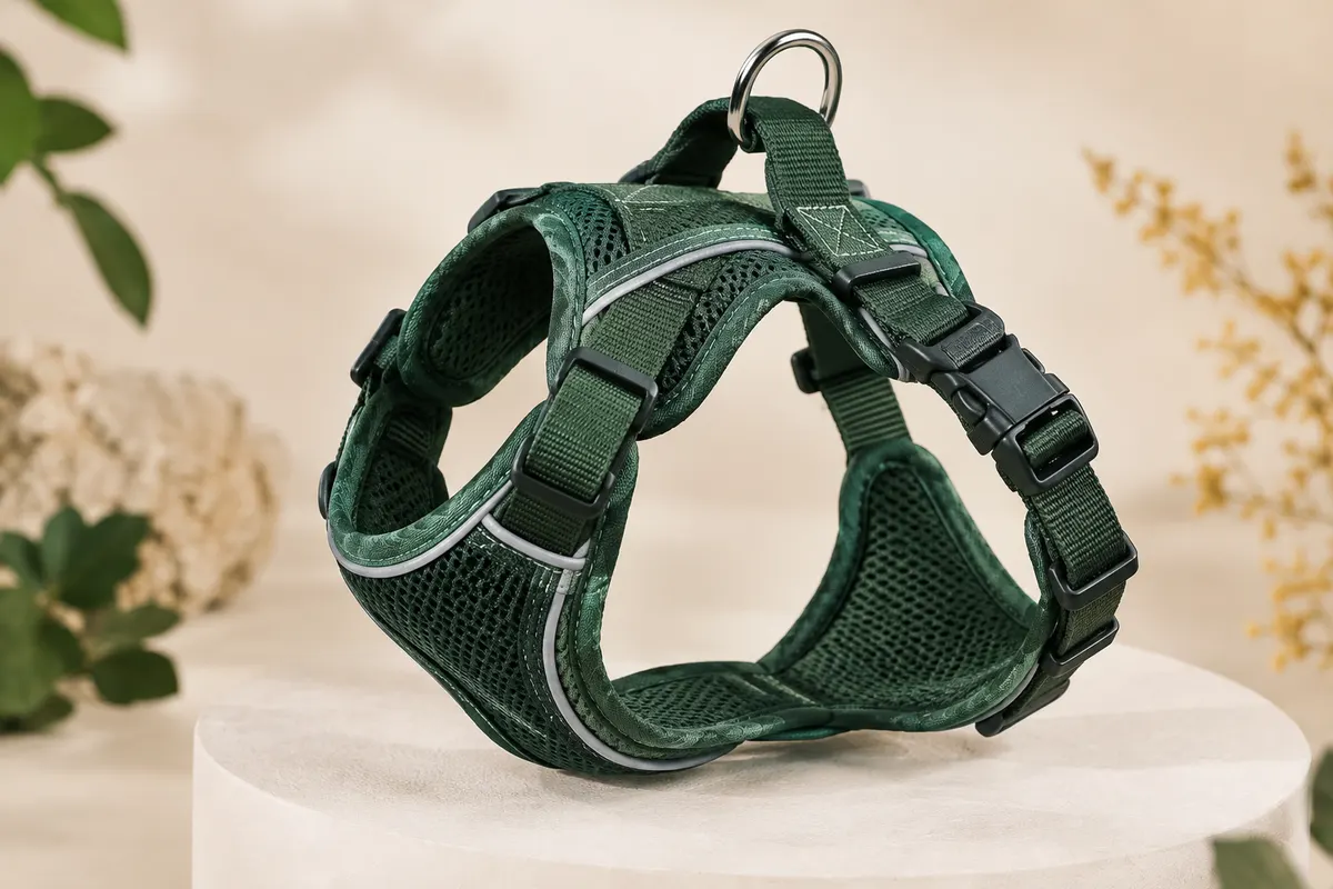 Harnais PoyPet vert foncé en maille avec coutures réfléchissantes, présenté sur fond sable clair.