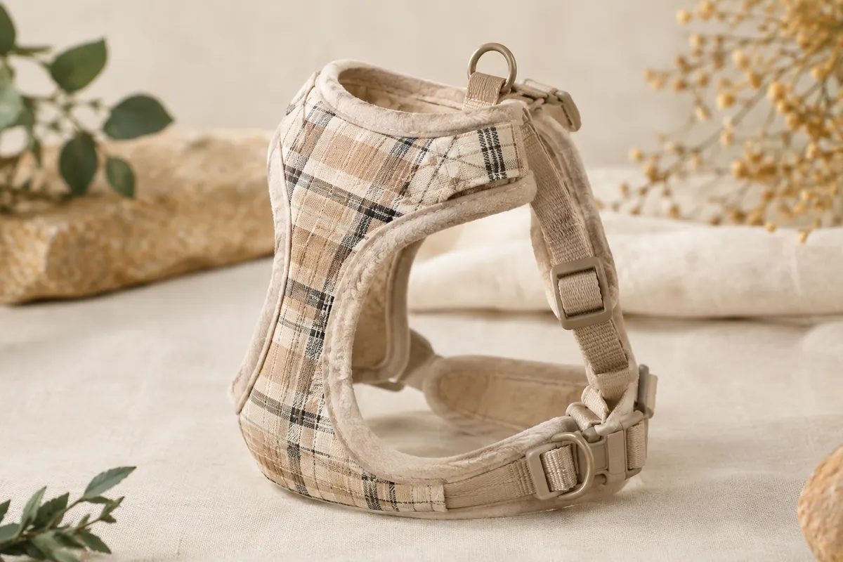 Harnais Puppia Junior beige à carreaux, avec bord en polaire doux et boucle sur fond ivoire