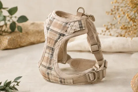 Harnais Puppia Junior beige à carreaux, avec bord en polaire doux et boucle sur fond ivoire