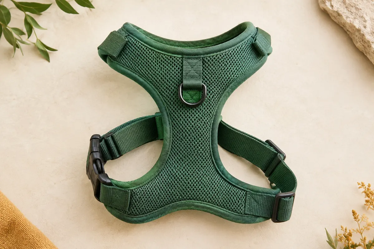 Harnais pour chien vert en polyester souple, présenté à plat avec sa boucle à clip et sa sangle réglable.