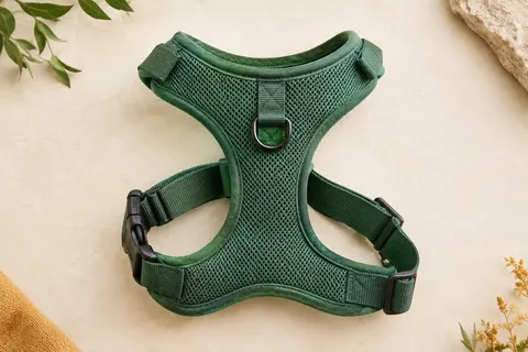 Harnais pour chien vert en polyester souple, présenté à plat avec sa boucle à clip et sa sangle réglable.