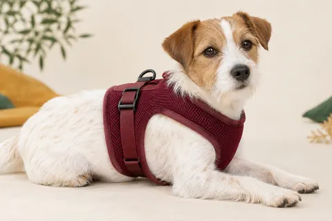 Harnais veste Puppia bordeaux en maille légère, posé sur un support ivoire avec coutures et attaches visibles.