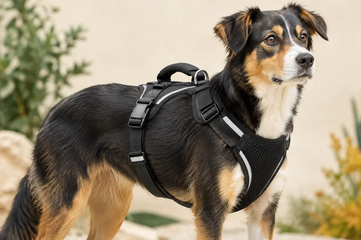 Harnais rabbitgoo noir en taille M porté par un chien, avec poignée rembourrée et bandes réfléchissantes