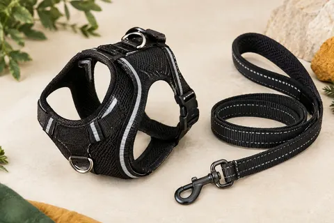 Harnais noir en maille pour petit chien avec sa laisse assortie, présenté sur un fond ivoire.