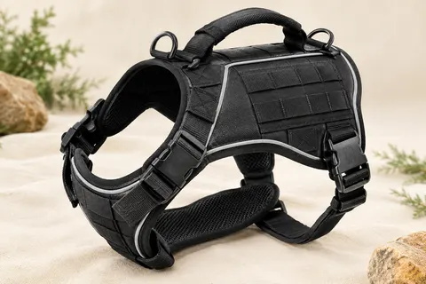 Harnais tactique noir pour chien avec poignée renforcée, attaches avant et arrière et panneaux latéraux.