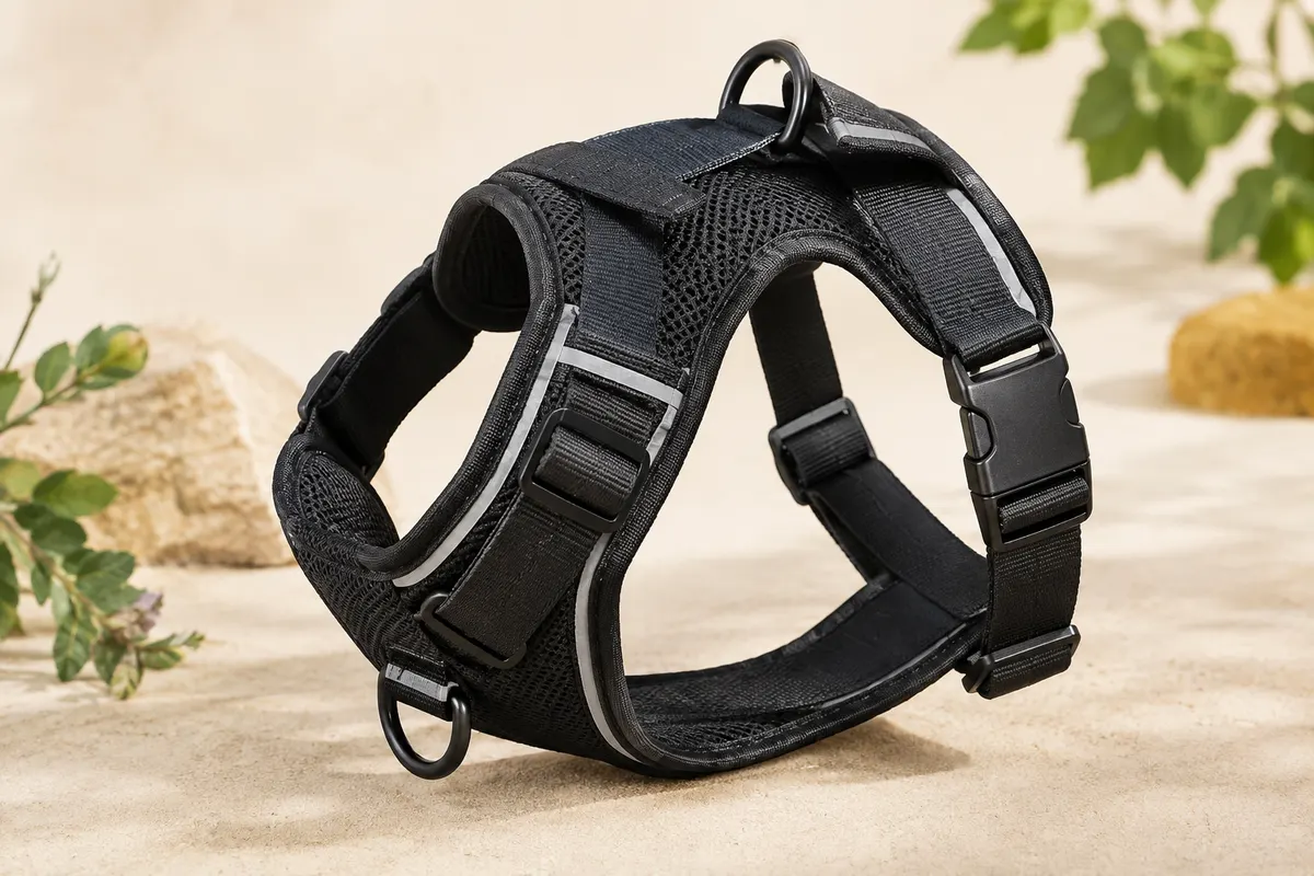 Harnais veste noir pour chien en maille, avec boucle, anneaux en D et bandes réfléchissantes.