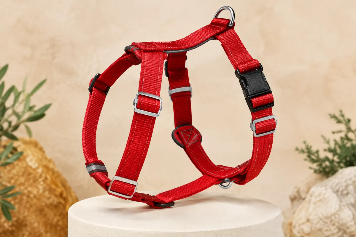 Harnais pour chien Rogz rouge en H, réglable, avec détails réfléchissants et sangles en nylon