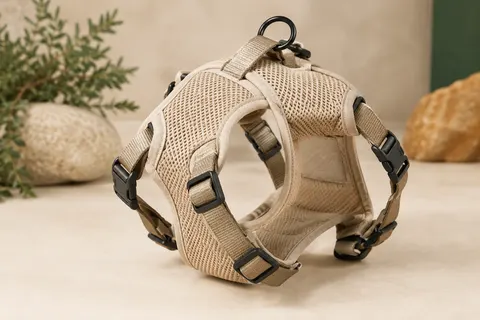 Harnais de voiture beige SlowTon en maille, avec sangles réglables, coutures et boucles visibles.