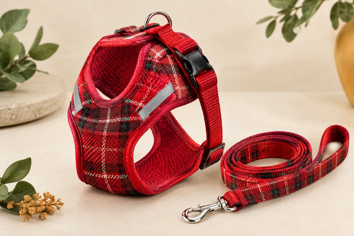 Harnais veste rouge à carreaux en mesh avec bandes réfléchissantes, boucle rapide et laisse assortie