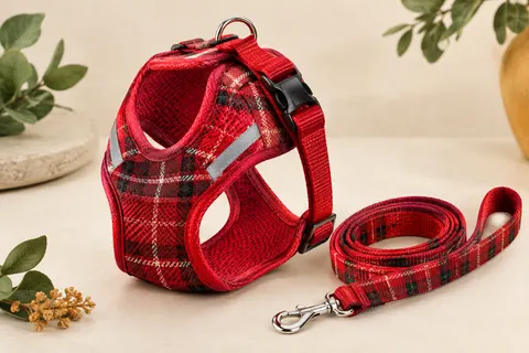 Harnais veste rouge à carreaux en mesh avec bandes réfléchissantes, boucle rapide et laisse assortie