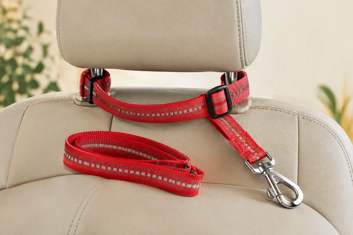 Ceinture de voiture rouge pour chien, avec corde réfléchissante et boucle métallique, posée sur un appui-tête