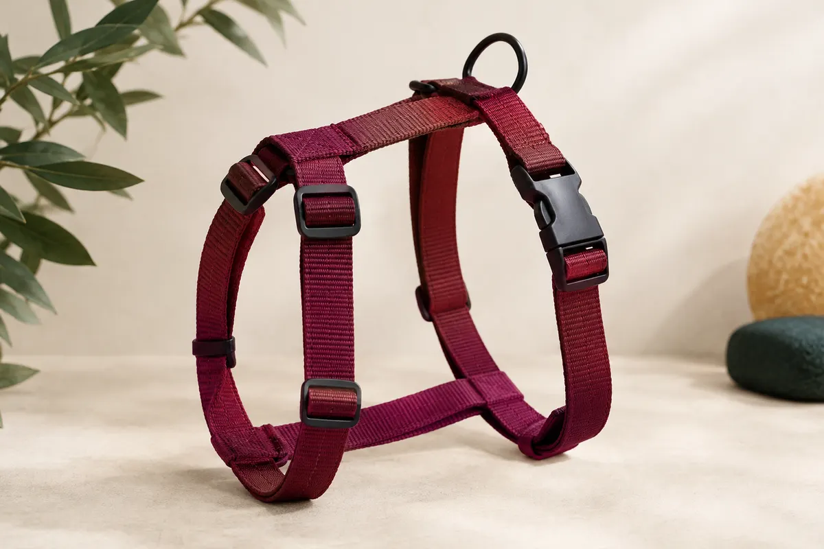 Harnais pour chien en H TRIXIE sangria, avec sangles et boucle, présenté sur un fond sable clair.