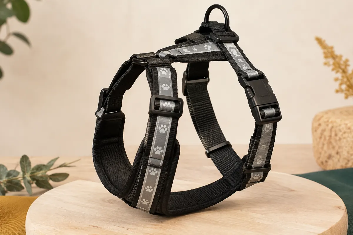Harnais pour chien noir avec motif argenté réfléchissant, boucle et sangles réglables