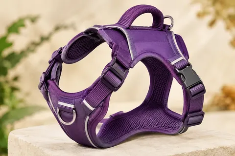 Harnais veste violet pour chien avec sangles en nylon, rembourrage, boucles et deux anneaux d’attache visibles.