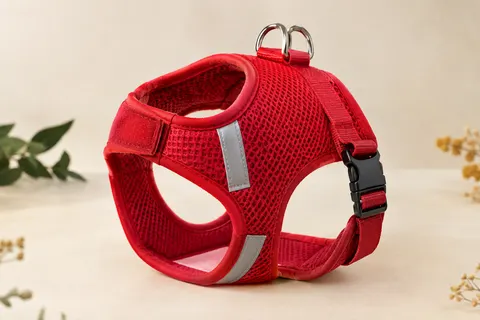 Harnais veste rouge pour chien en mesh, avec bords rembourrés, boucle à clip et bandes réfléchissantes